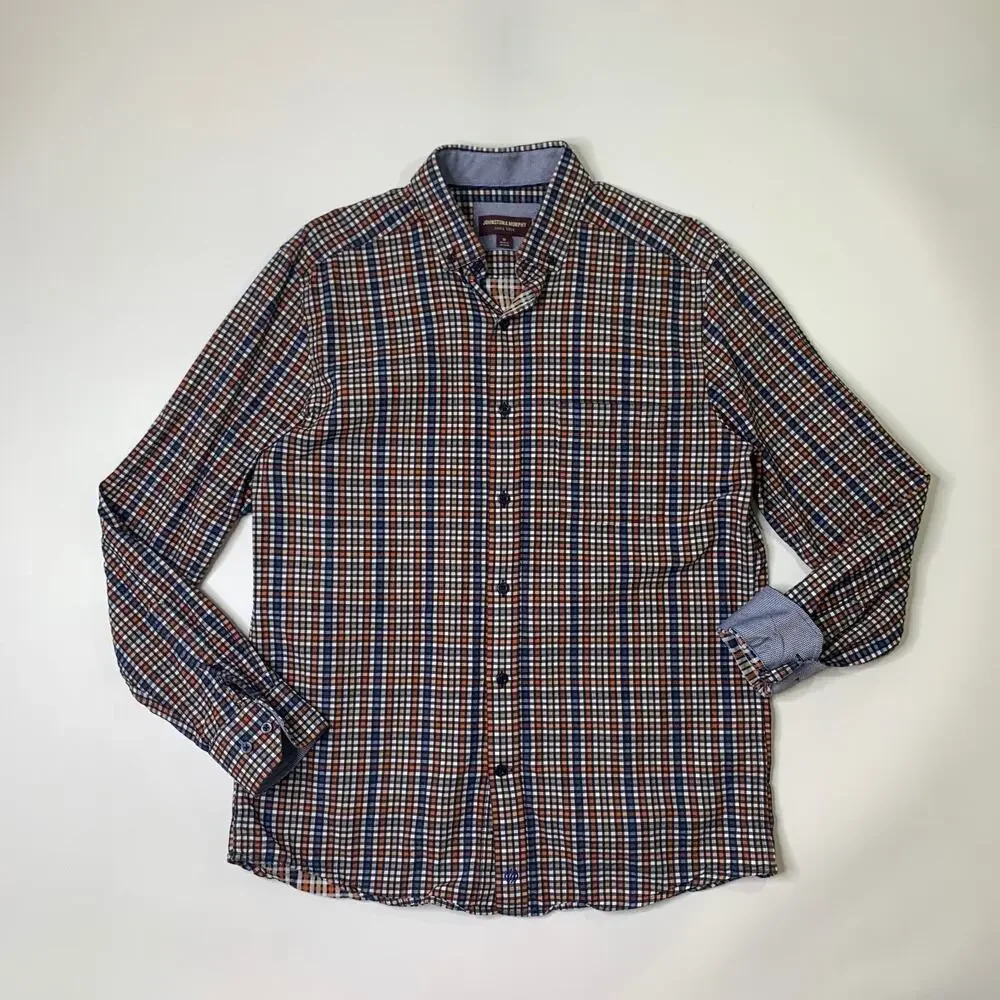 Johnston & Murphy Shirt Mens M Medium Cotton Flip Cuff Plaid Button Down Dress